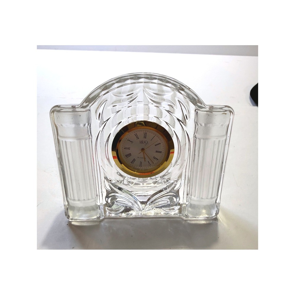 Mikasa Lead Crystal Desk Clock Clear Glass Gold Bezel Roman Quartz 4.5" Works